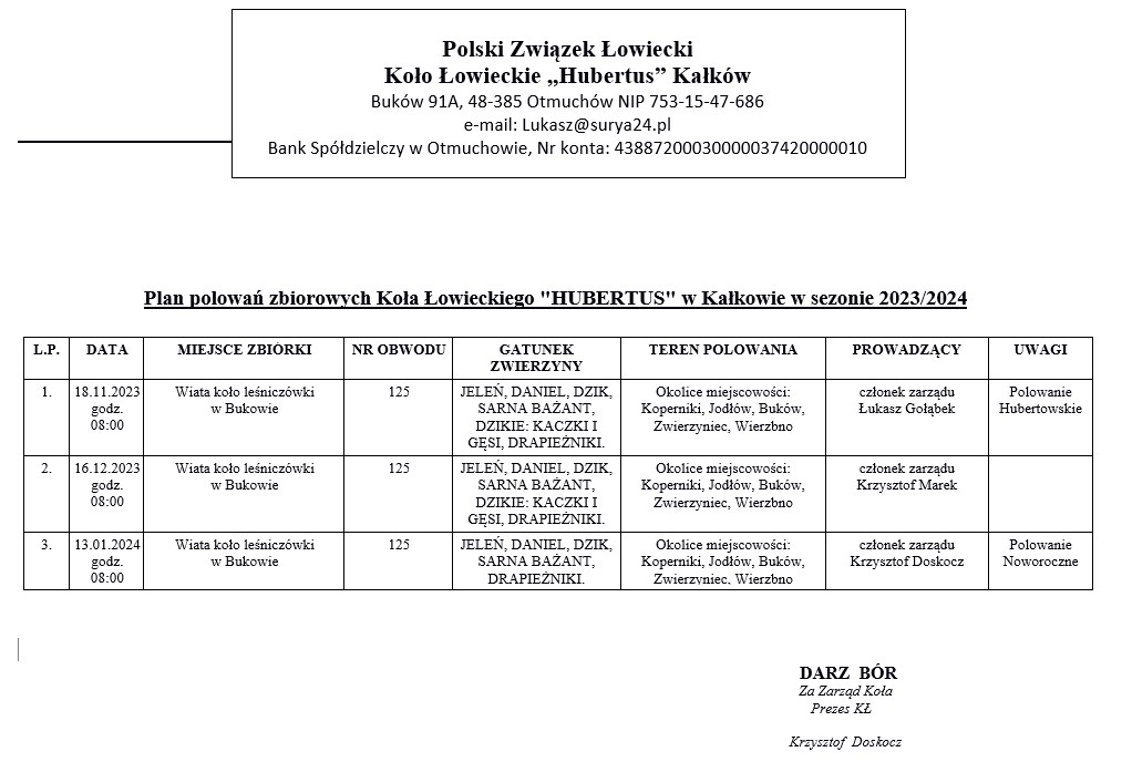 Plan polowań 23.24 Hubertus Kałków