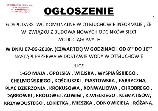 wyłączenie wody 07 06 2018