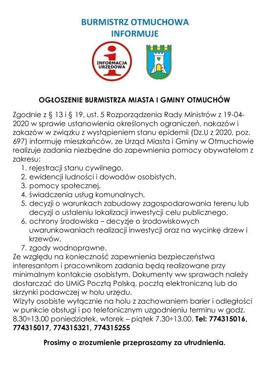 OGŁOSZENIE BURMISTRZA MIASTA I GMINY OTMUCHÓW