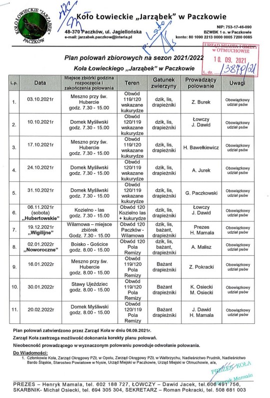 Plan polowań 2021.2022 Koło Łowieckie Jarząbek w Paczkowie
