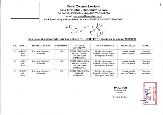 plan polowań KŁ Hubertus 2021.2022 26.10.2021