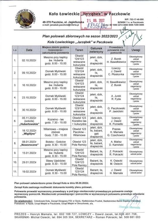 plan polowań zbiorowych Koło Jarząbek Paczków 2022 2023