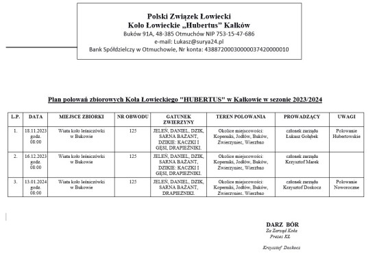 Plan polowań 23.24 Hubertus Kałków