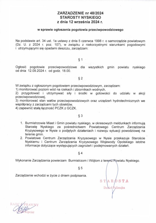 zarządzenie pogotowie przeciwpowodziowe 12 09 2024 starosta